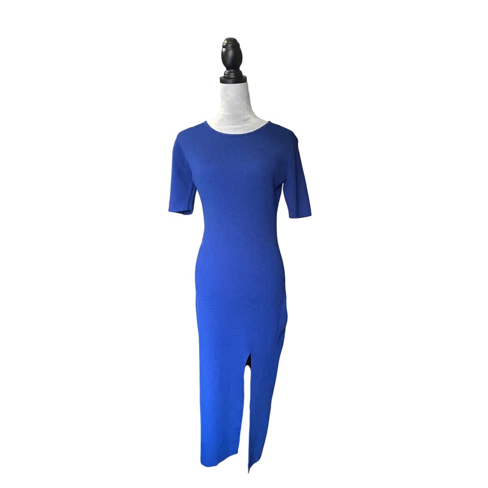 Alexia Admor Women's Blue Ribbed Knit Midi Dress with Slit Short Sleeve